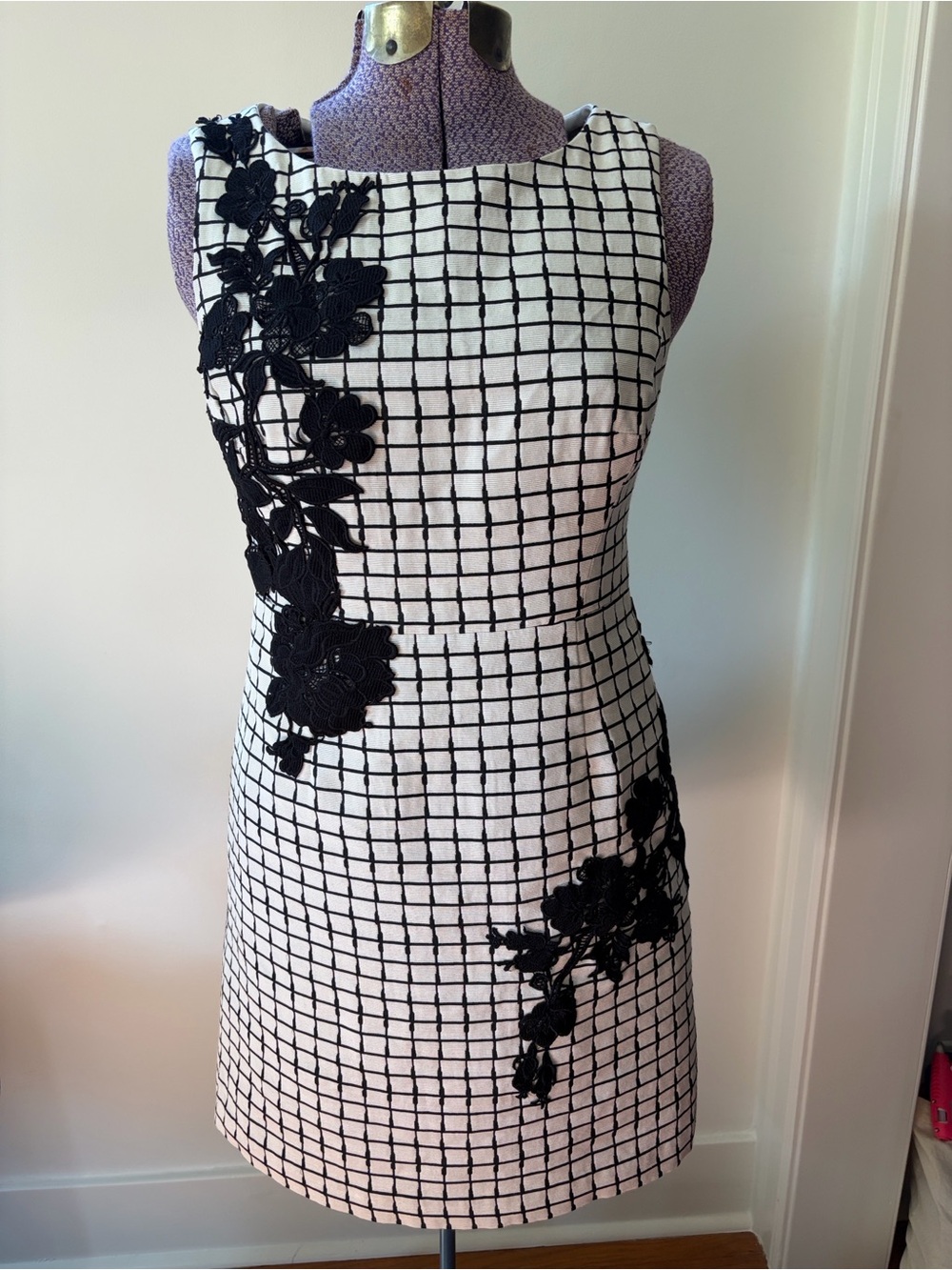 Betsy Johnson Sleeveless White Grid Dress with Black Floral Appliqué